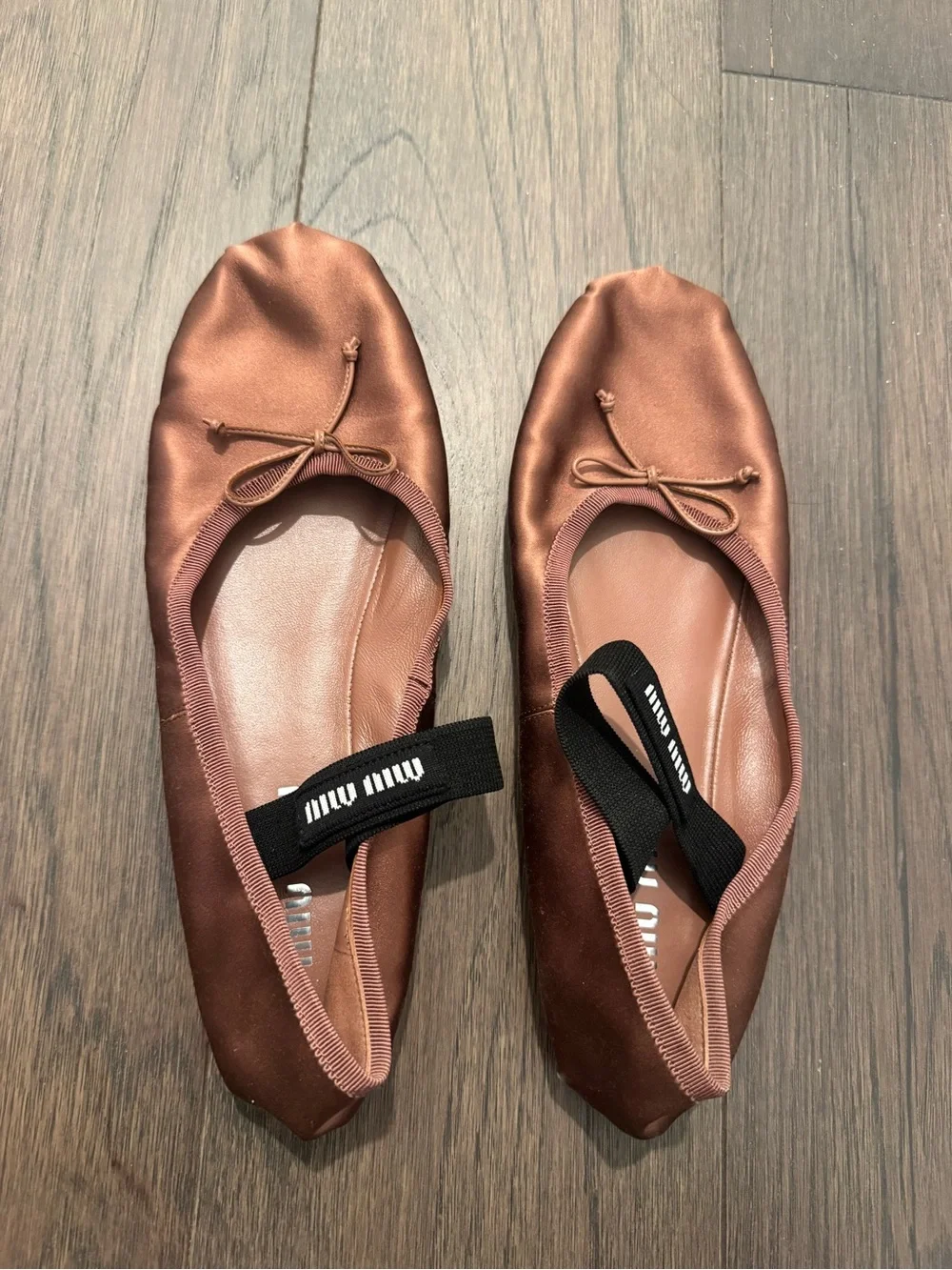 Miu Miu Copper Satin Ballet Flats with Logo Elastic
